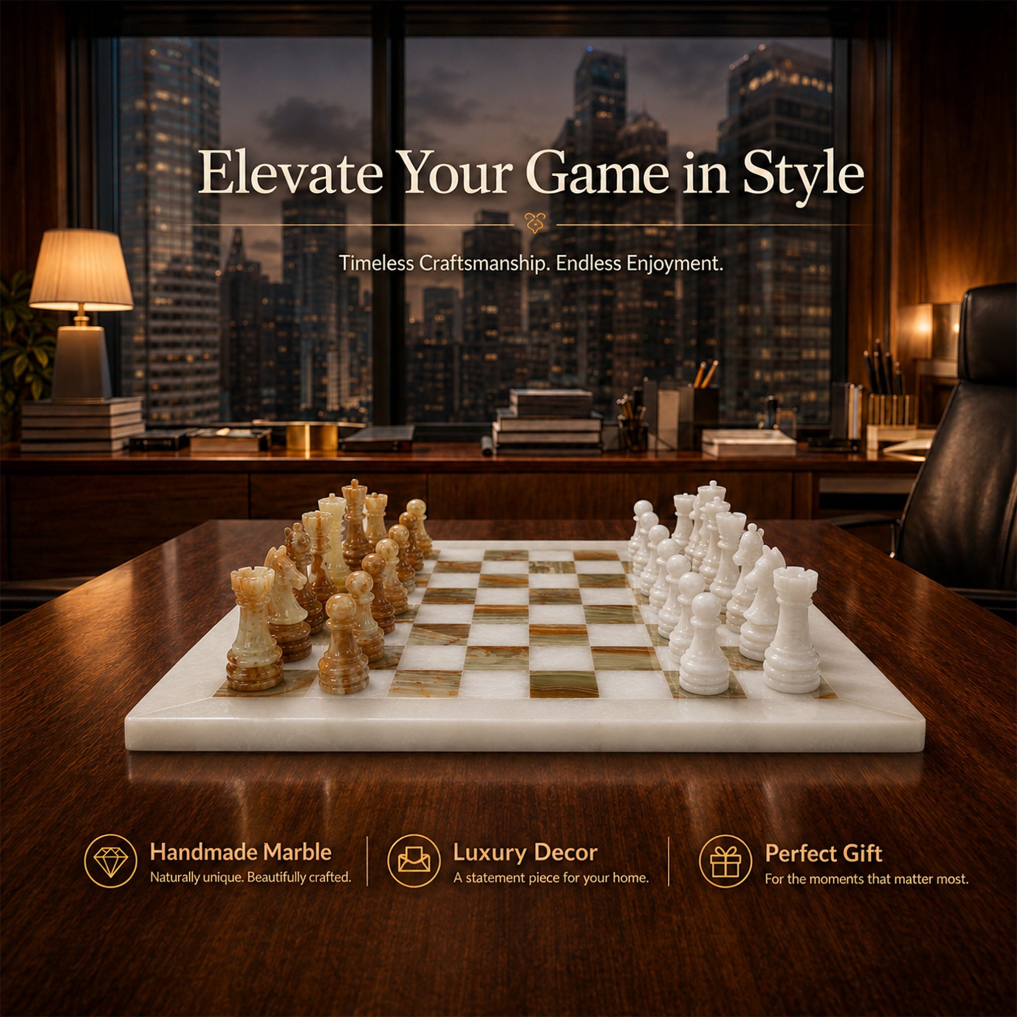 White and Green Onyx Marble Chess Set 15 Inches | Handcrafted Natural Stone