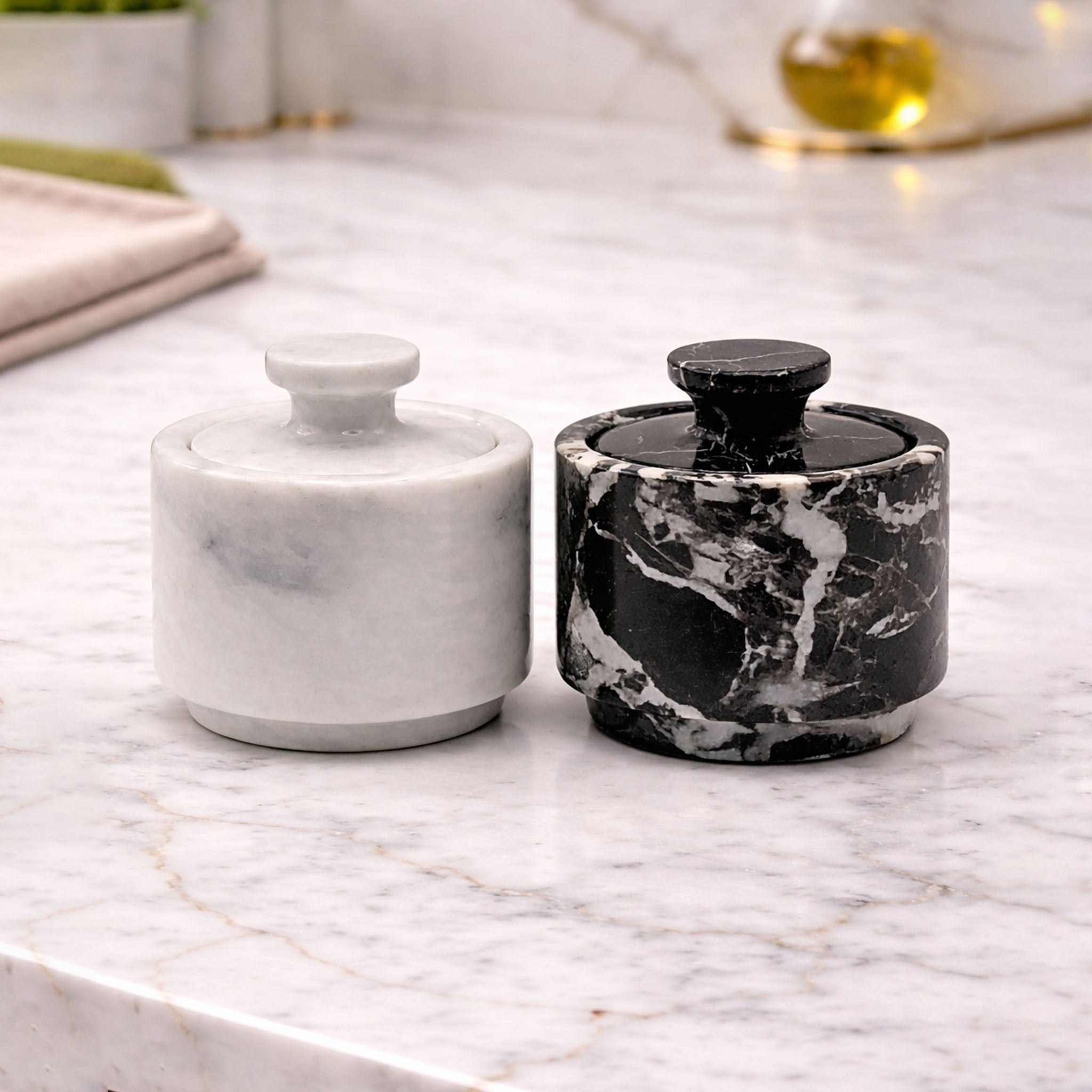 Zebra Marble Salt Cellars with Lids — Set of 2