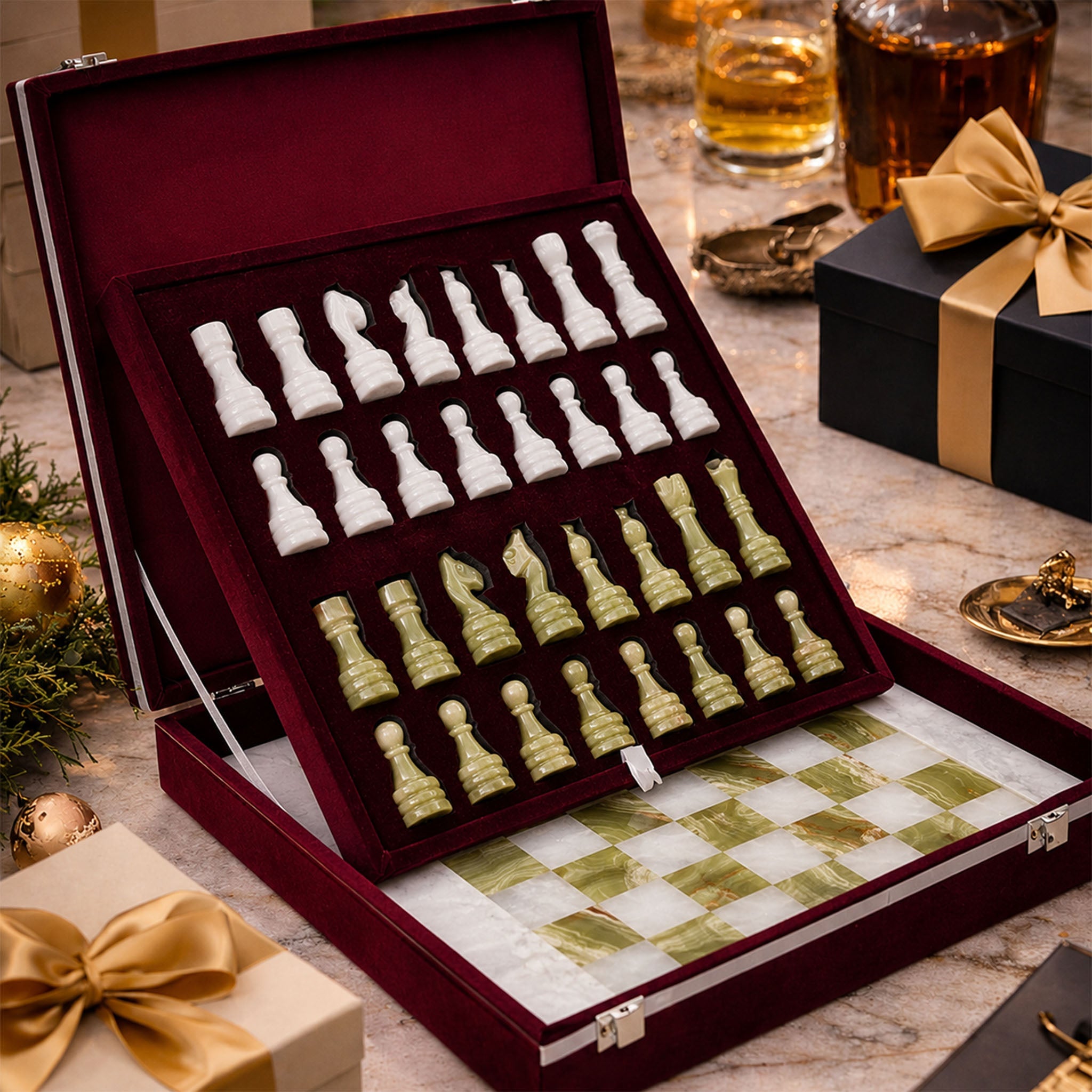 White and Green Onyx Marble Chess Set 15 Inches | Handcrafted Natural Stone