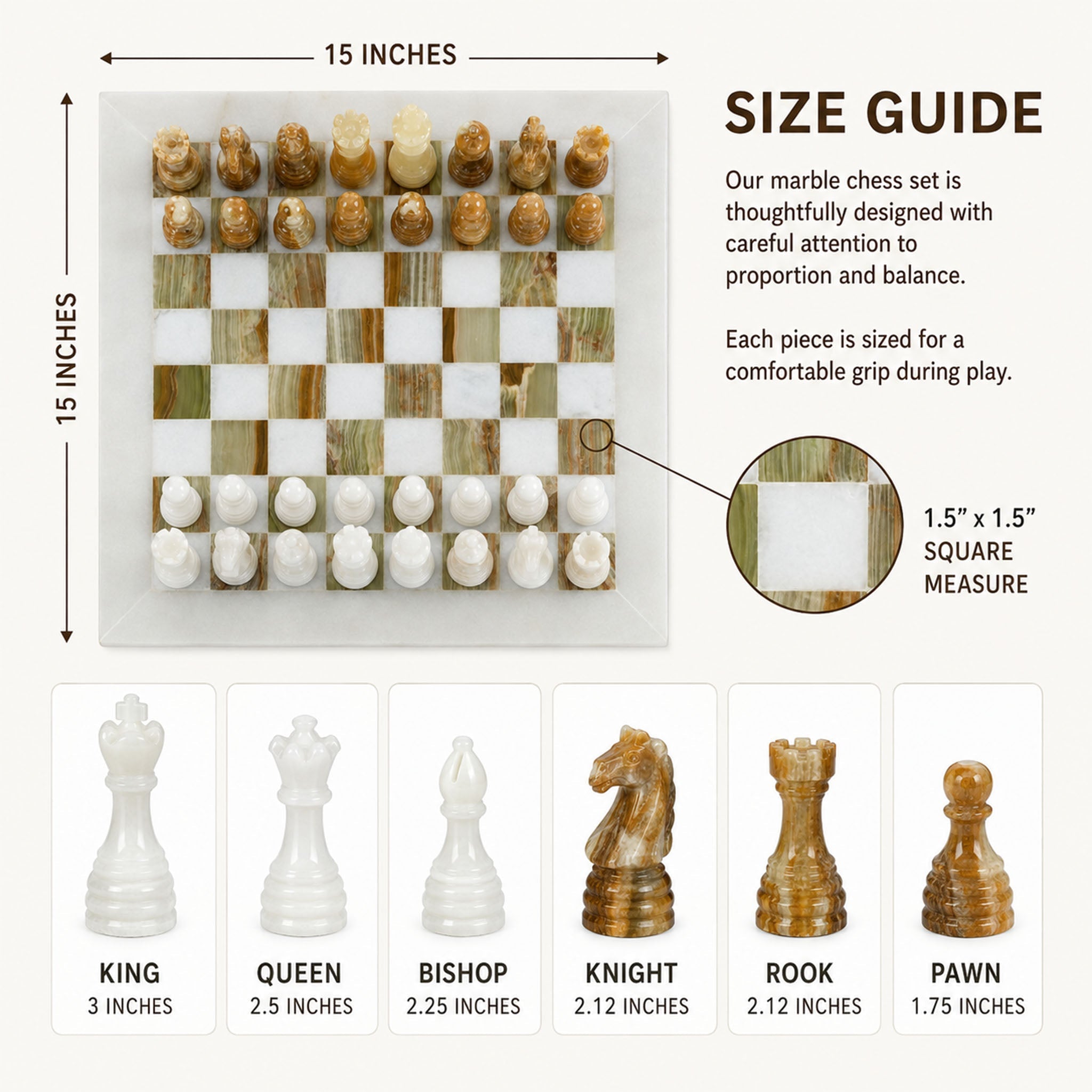 White and Green Onyx Marble Chess Set 15 Inches | Handcrafted Natural Stone