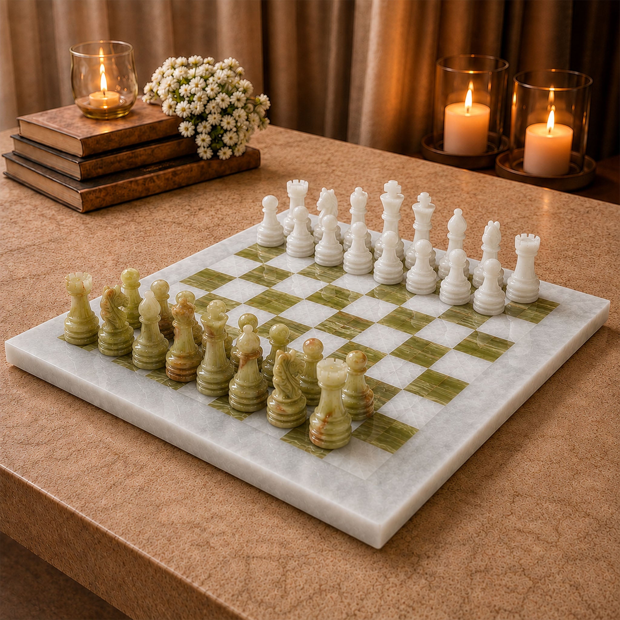 White and Green Onyx Marble Chess Set 15 Inches | Handcrafted Natural Stone