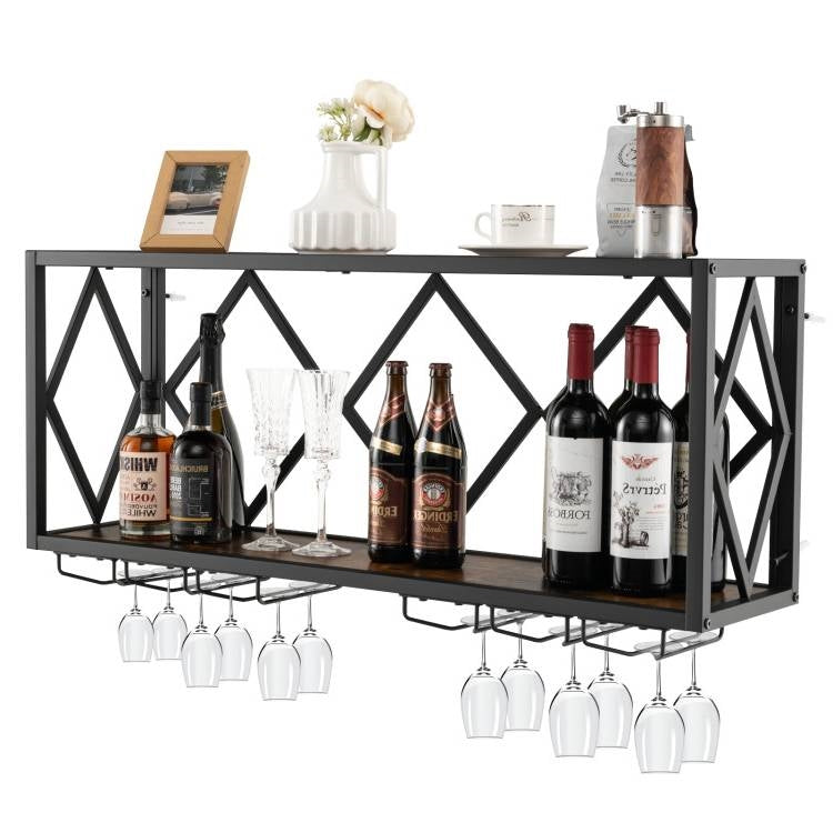 Rustic brown wall-mounted wine rack for bottles and stemware by HomePacific