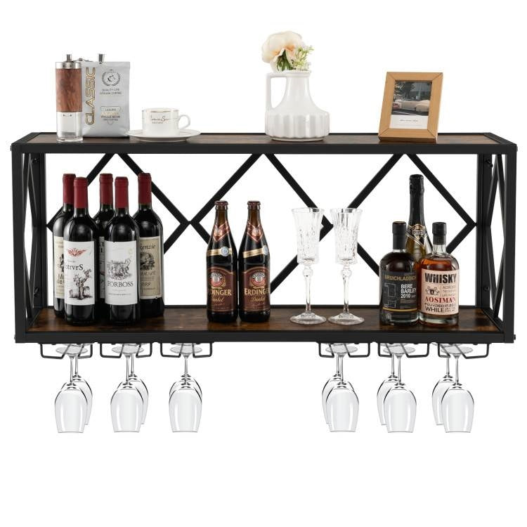 Rustic Brown Wall-Mounted Wine Rack for 39 Bottles & 12 Glasses