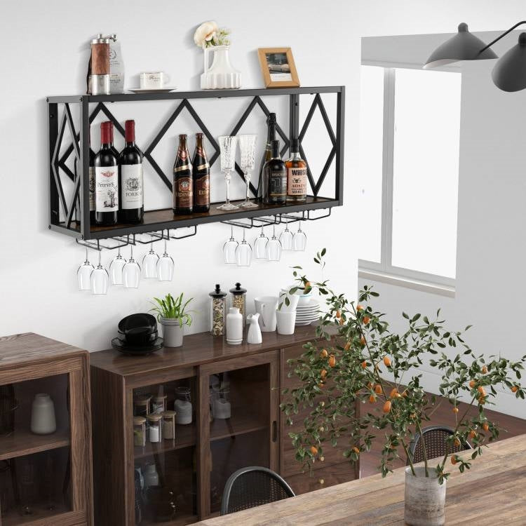 Rustic Brown Wall-Mounted Wine Rack for 39 Bottles & 12 Glasses