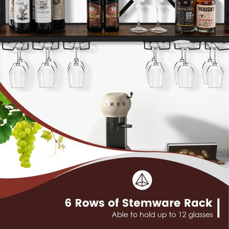 Rustic Brown Wall-Mounted Wine Rack for 39 Bottles & 12 Glasses
