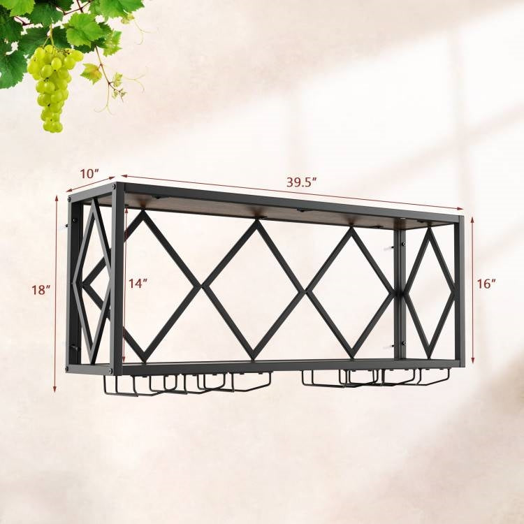 Rustic Brown Wall-Mounted Wine Rack for 39 Bottles & 12 Glasses
