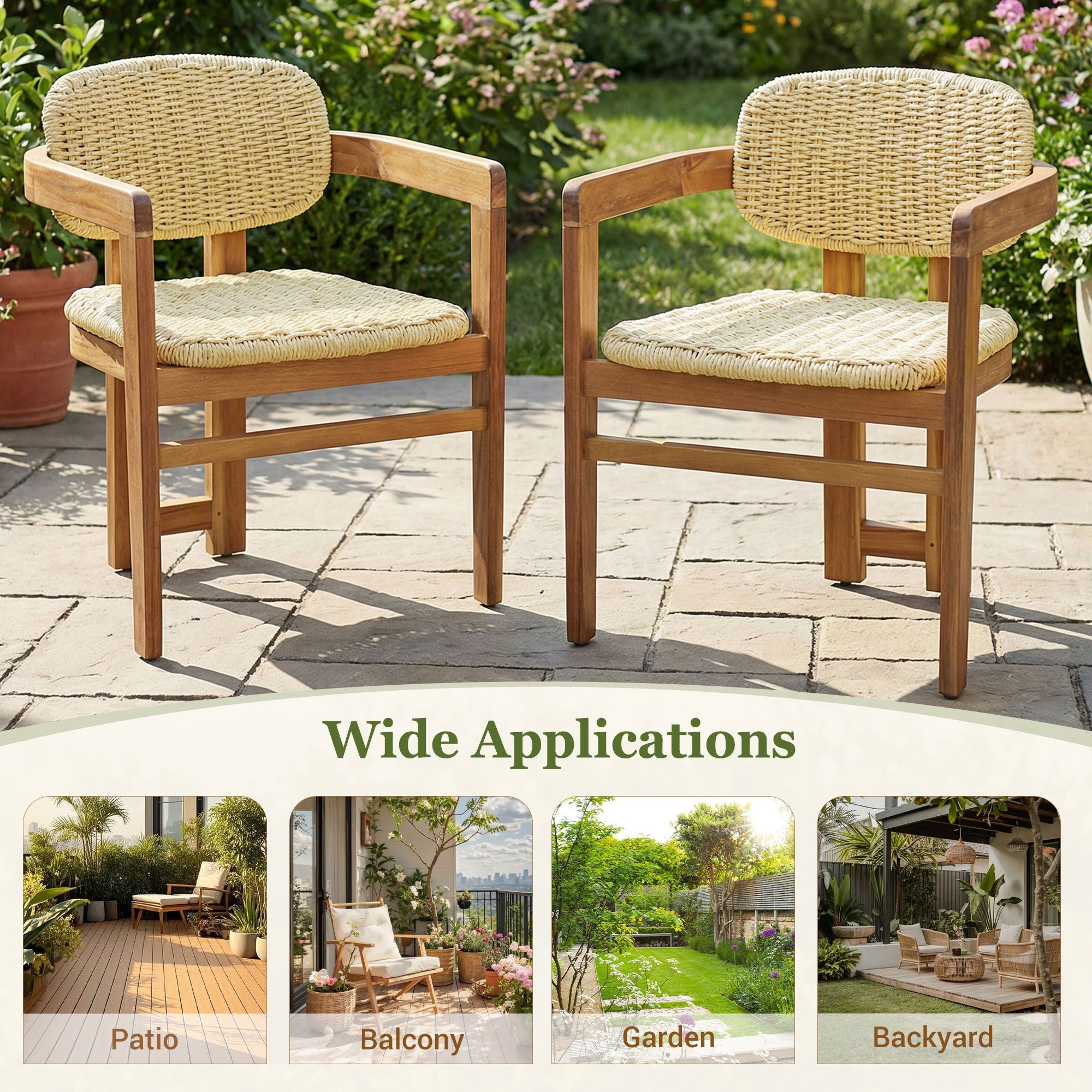 Acacia Wood & Rattan Patio Armchairs - Set of 2