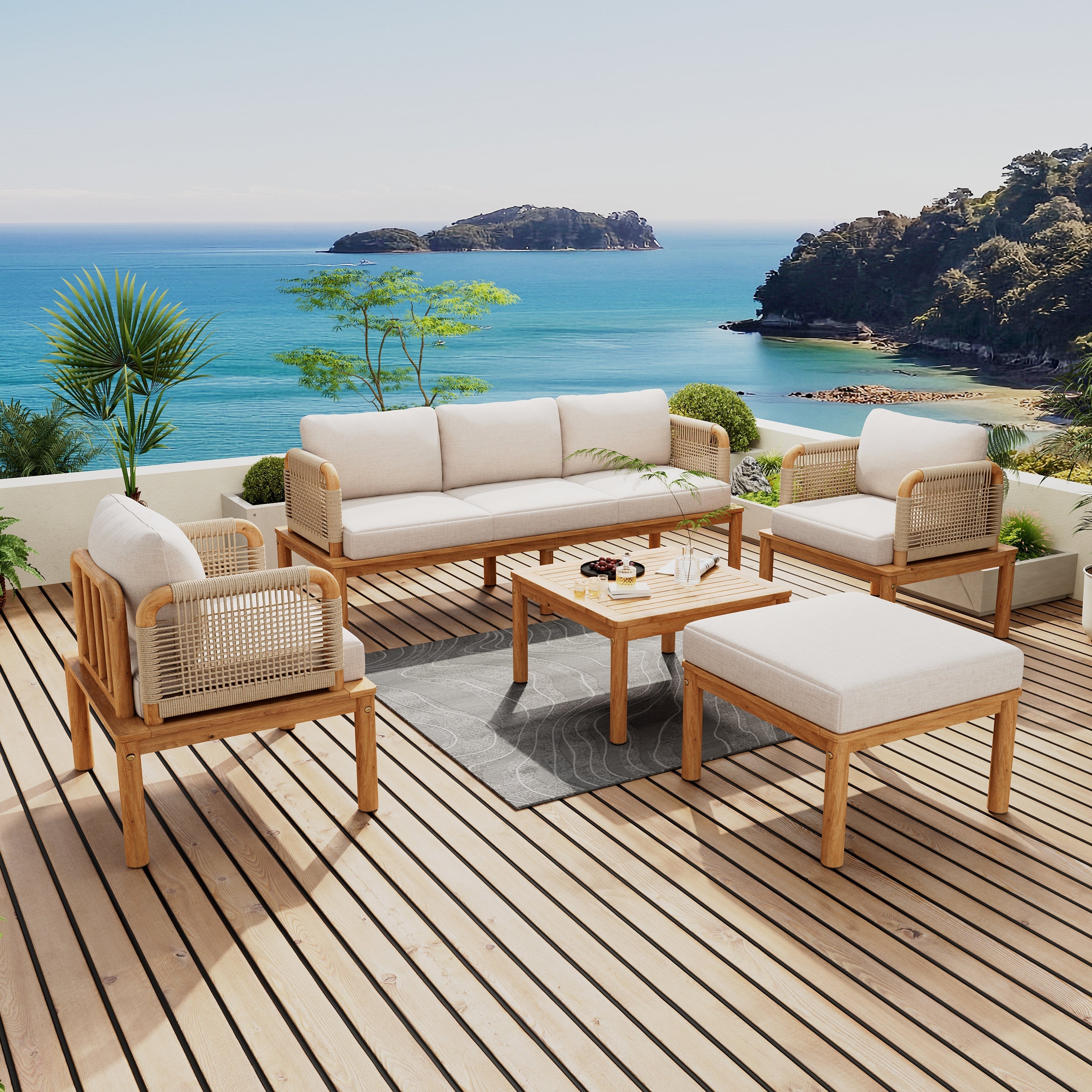 5-Piece Acacia Wood & Rope Patio Set