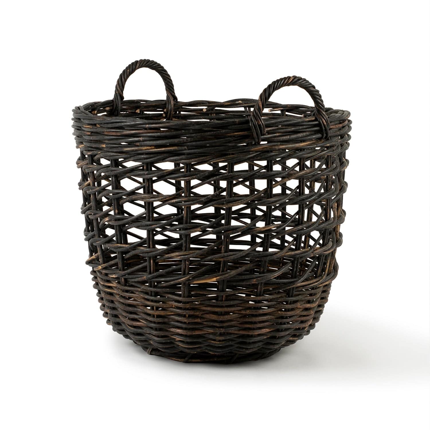 Black open-weave round rattan storage basket