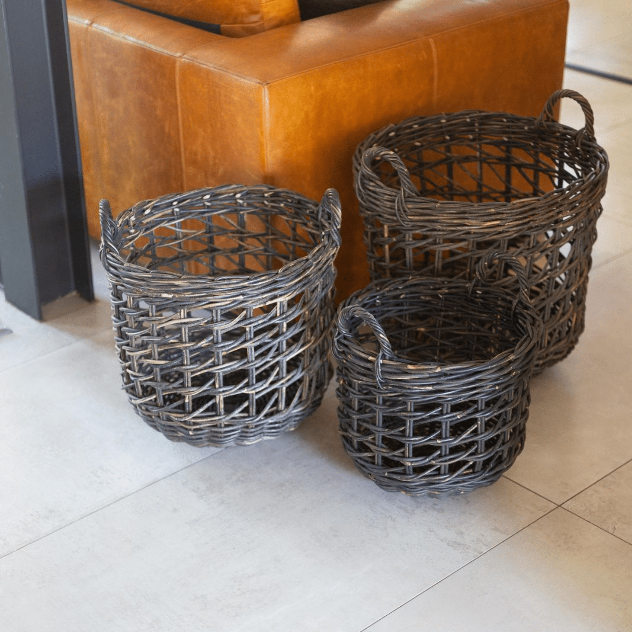 Black Open-Weave Rattan Round Basket