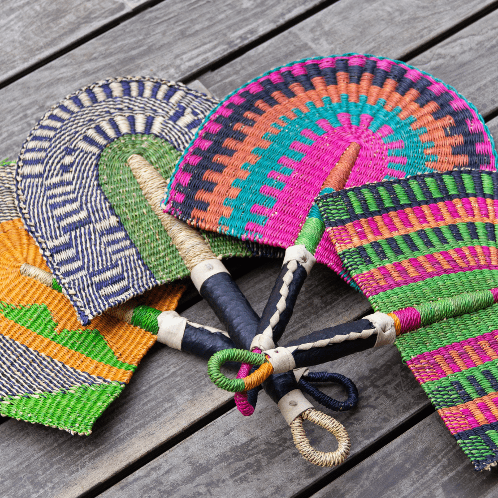 Handwoven Bolga fan from Ghana made from elephant grass