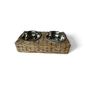 Rattan double pet bowl with two stainless steel bowls