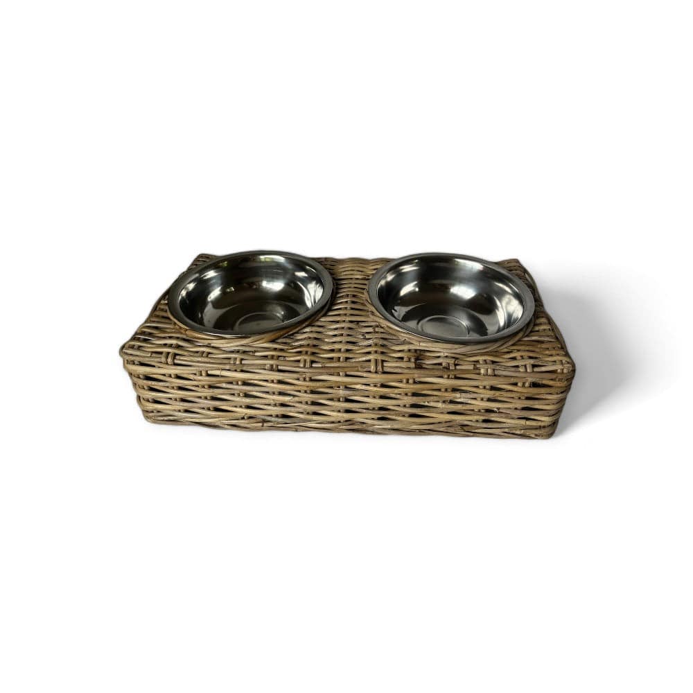Rattan double pet bowl with two stainless steel bowls