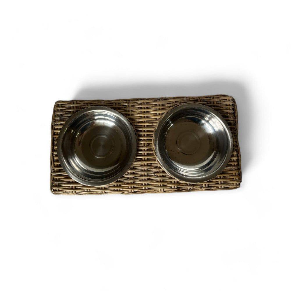 Rattan Double Pet Bowl with Stainless Steel Bowls