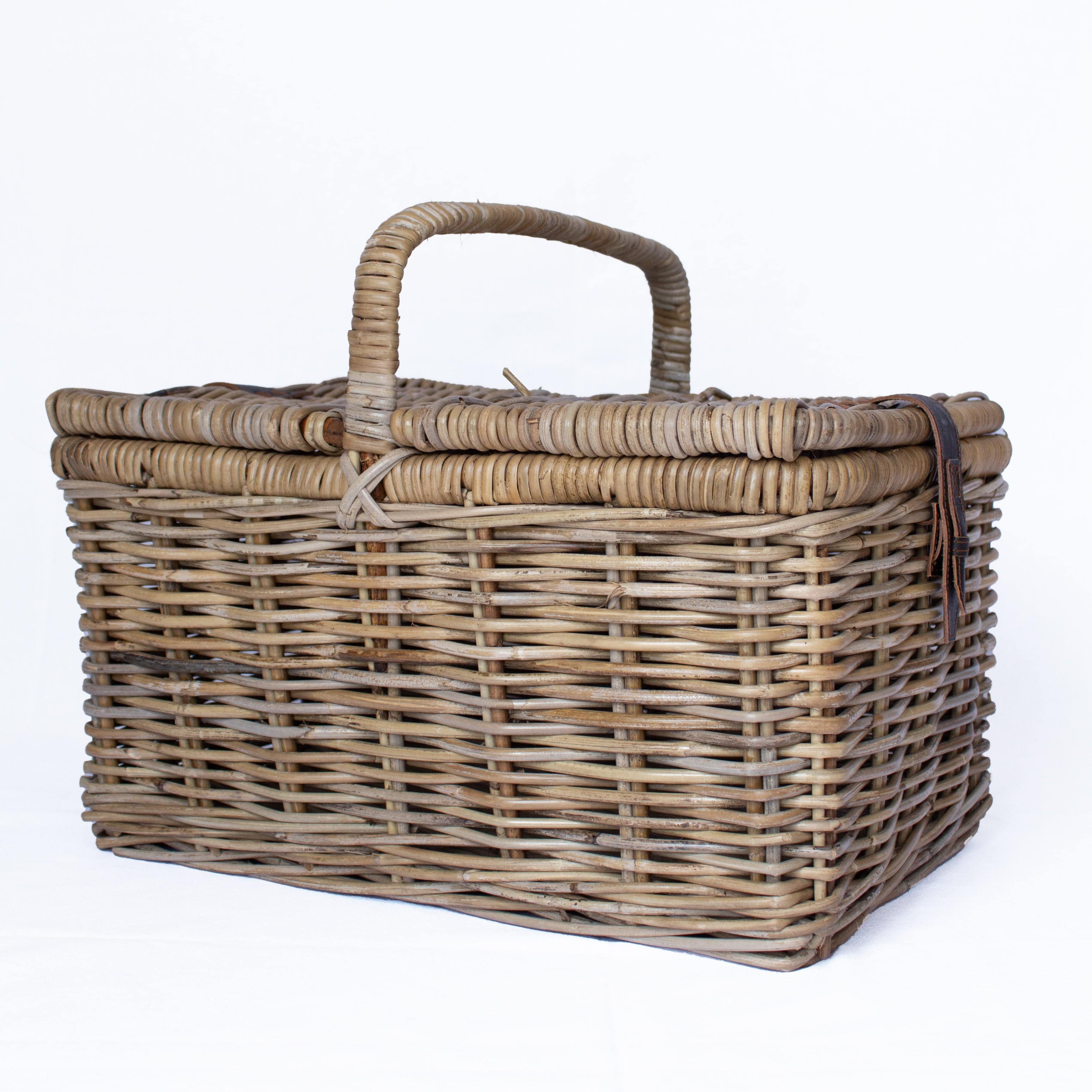 Green Trellis rattan picnic basket with faux leather straps