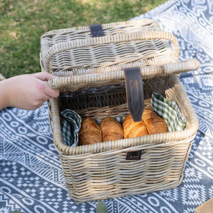 Green Trellis Rattan Picnic Basket with Faux Leather Straps
