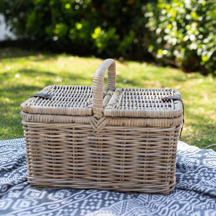Green Trellis Rattan Picnic Basket with Faux Leather Straps
