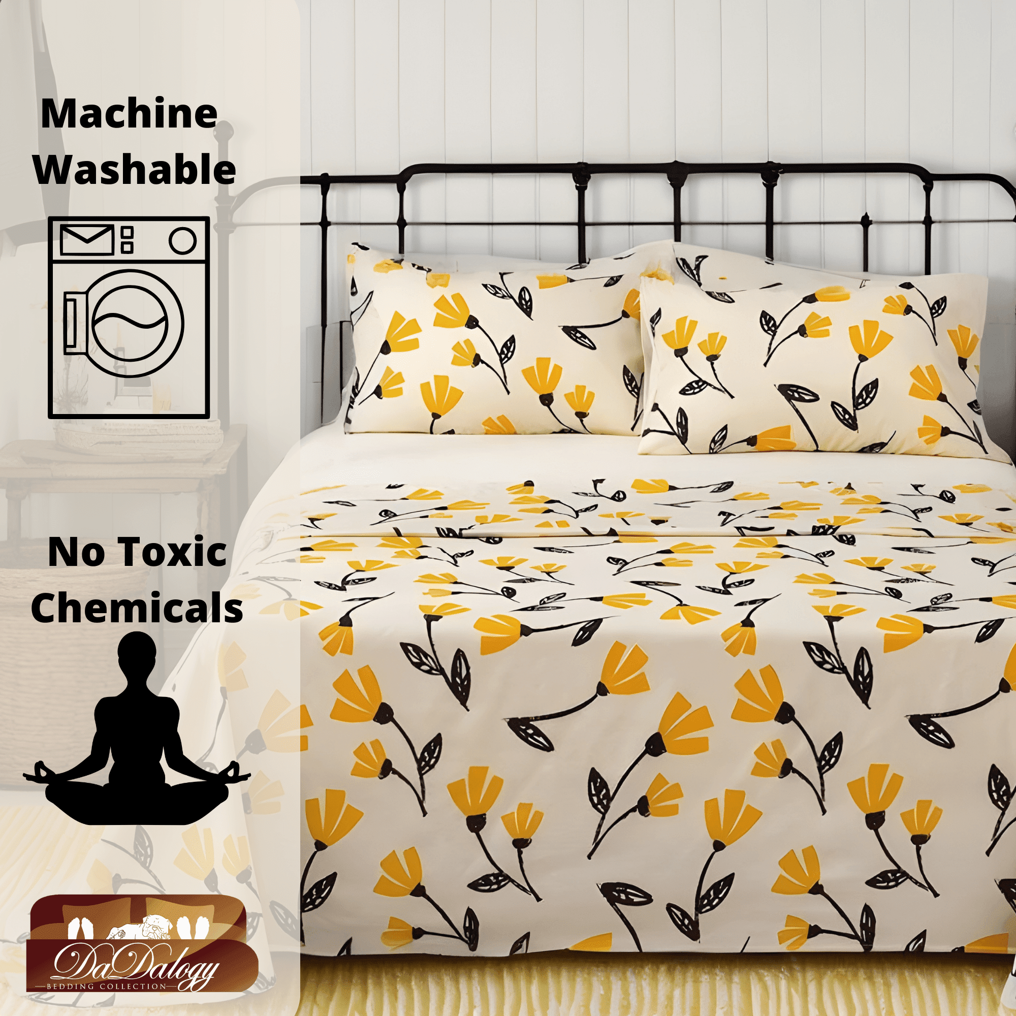 DaDa Bedding Yellow Fleur Floral Fitted and Flat Sheet Set