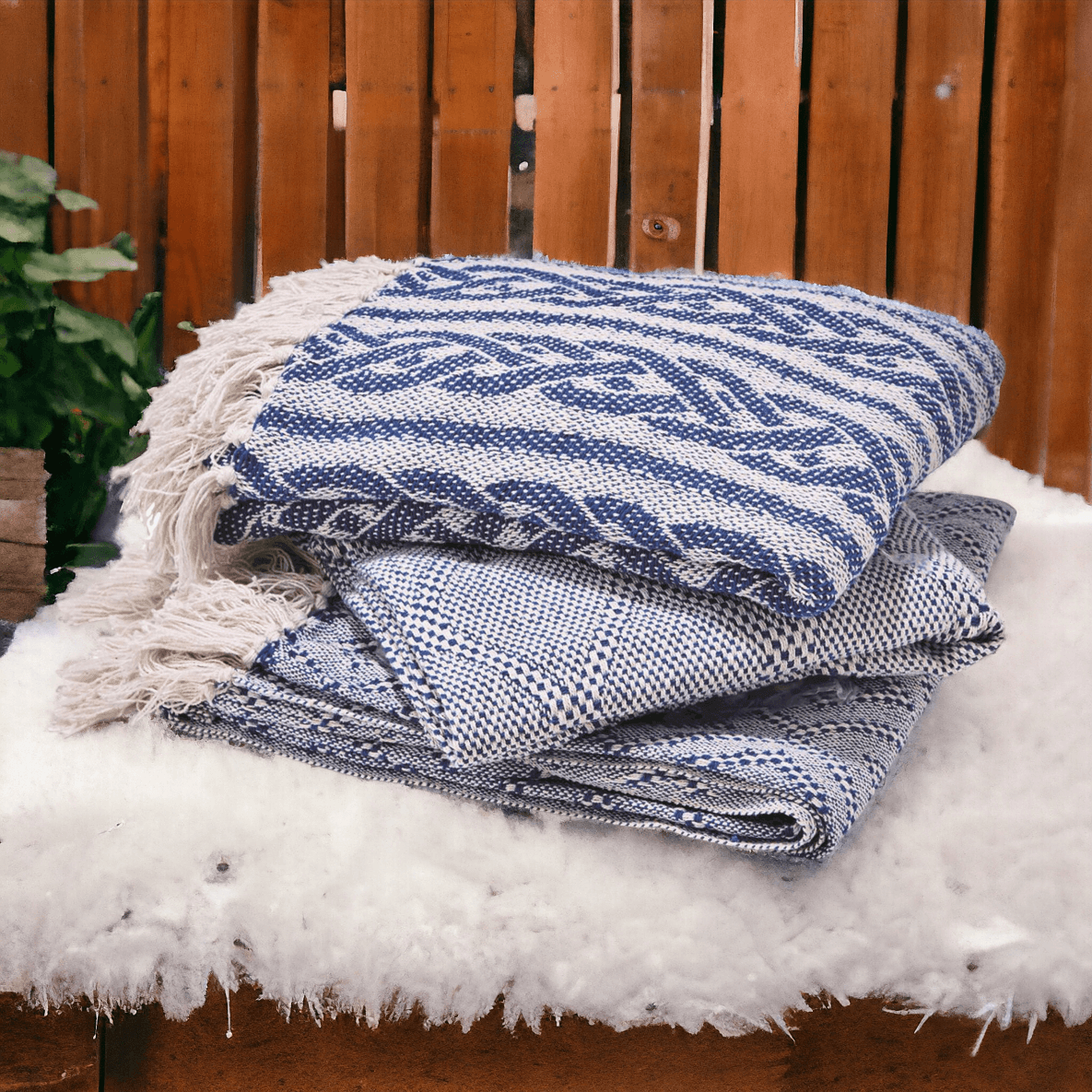 Tassel Blue Cotton Throw Blanket