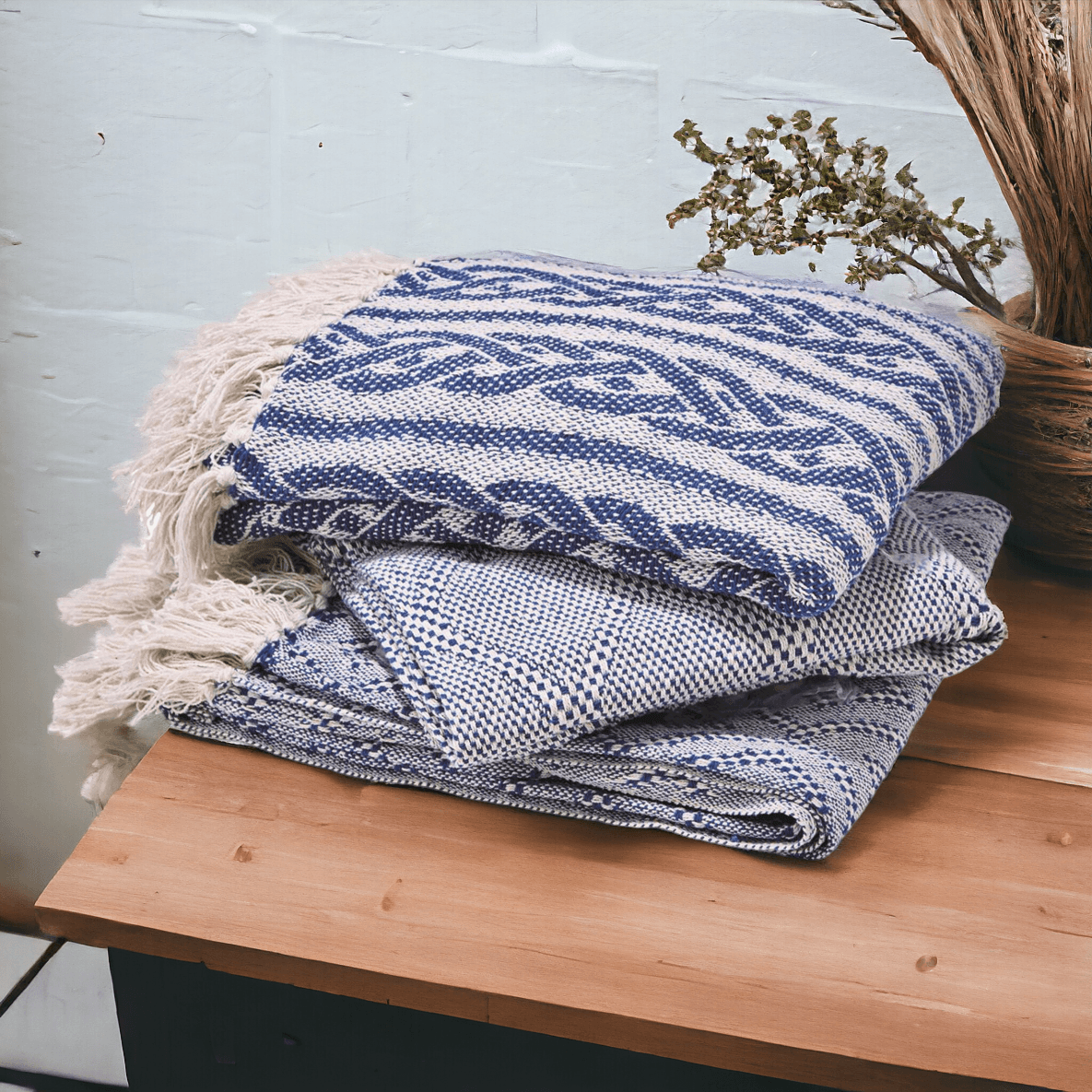 Tassel Blue Cotton Throw Blanket