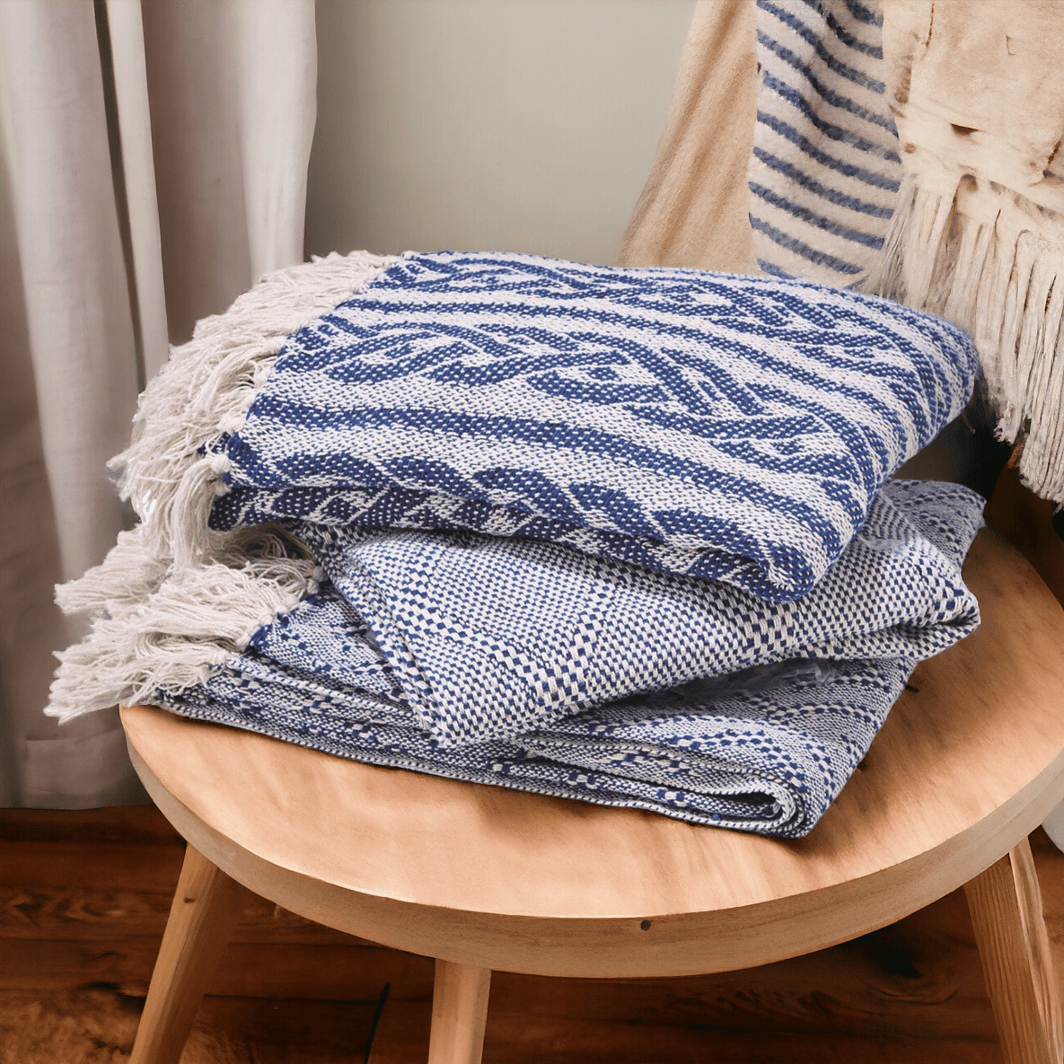 Tassel Blue Cotton Throw Blanket