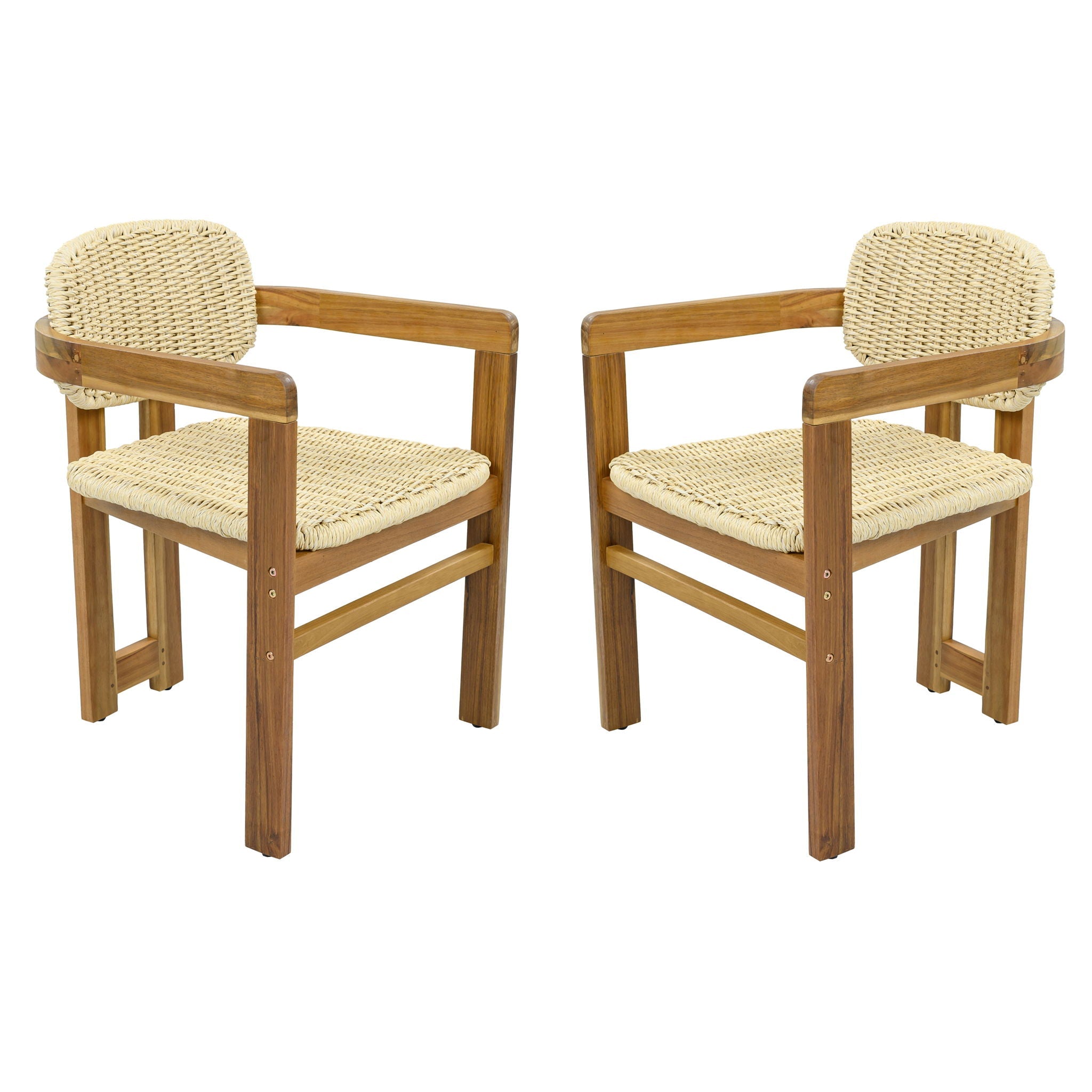 Acacia Wood & Rattan Patio Armchairs - Set of 2