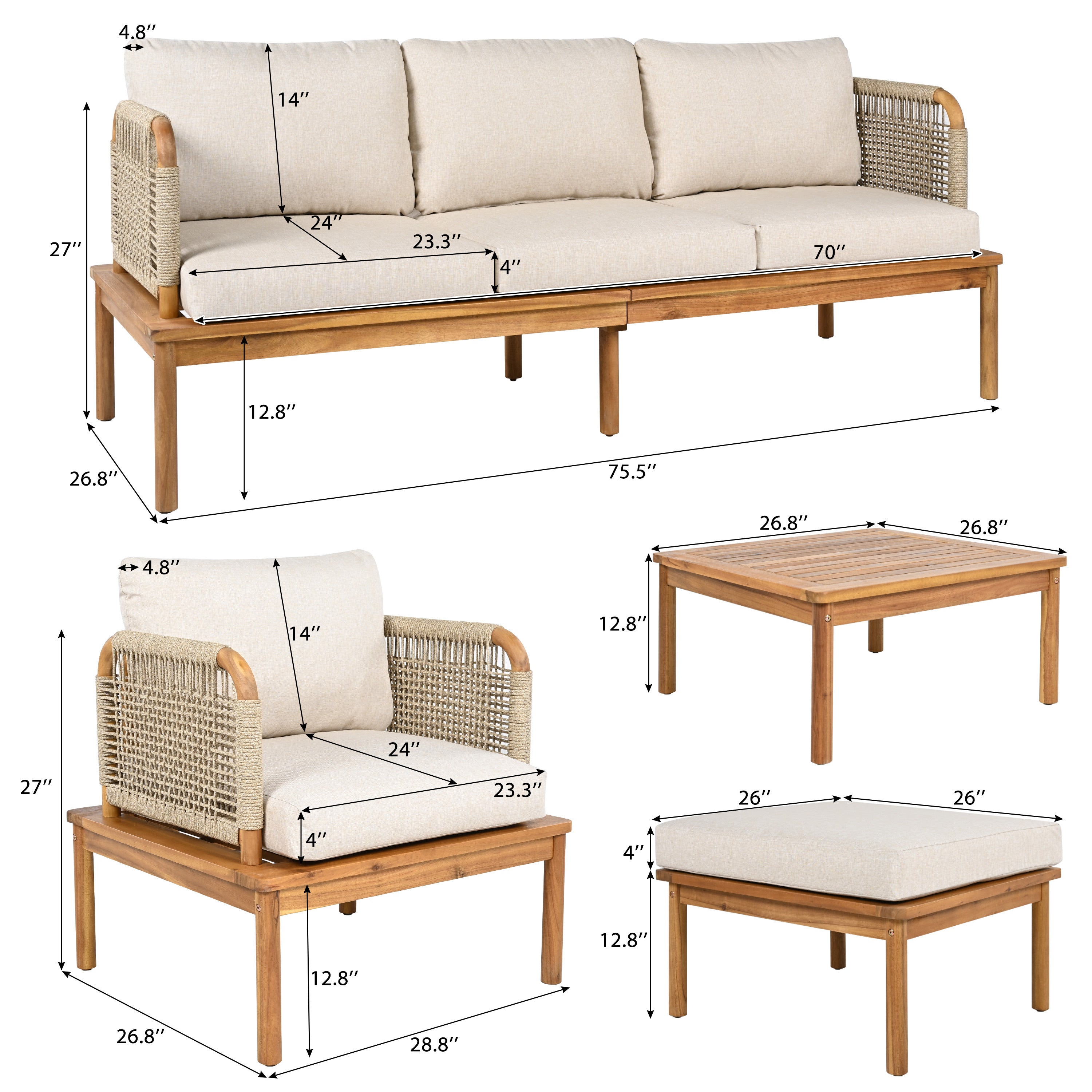 5-Piece Acacia Wood & Rope Patio Set