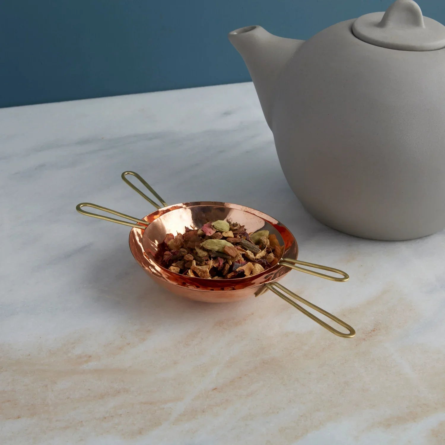 Camden two-piece hammered copper tea strainer