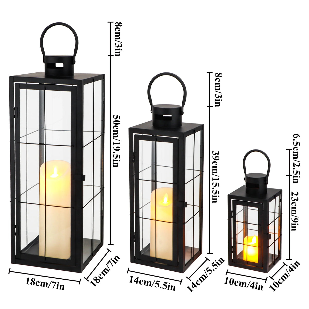 Set of 3 Black Metal & Tempered Glass Decorative Lanterns