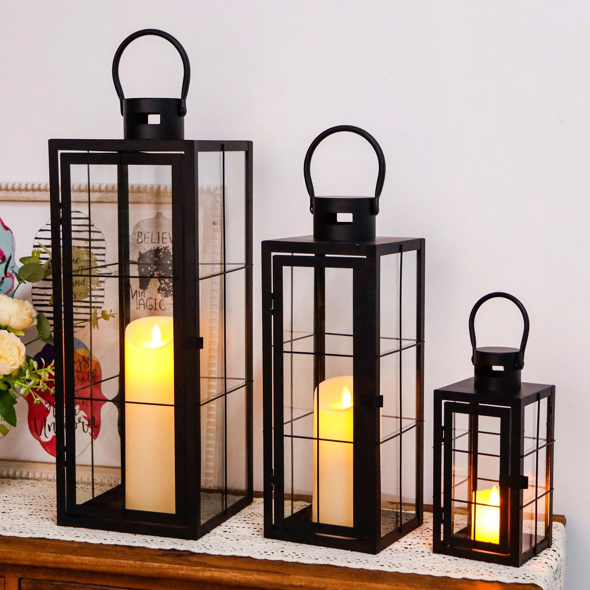 Set of 3 Black Metal & Tempered Glass Decorative Lanterns