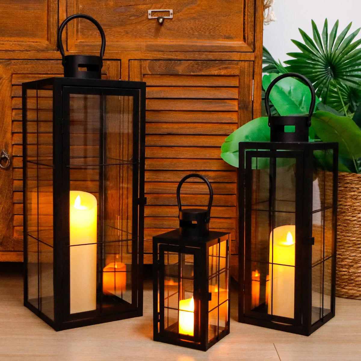Set of 3 Black Metal & Tempered Glass Decorative Lanterns