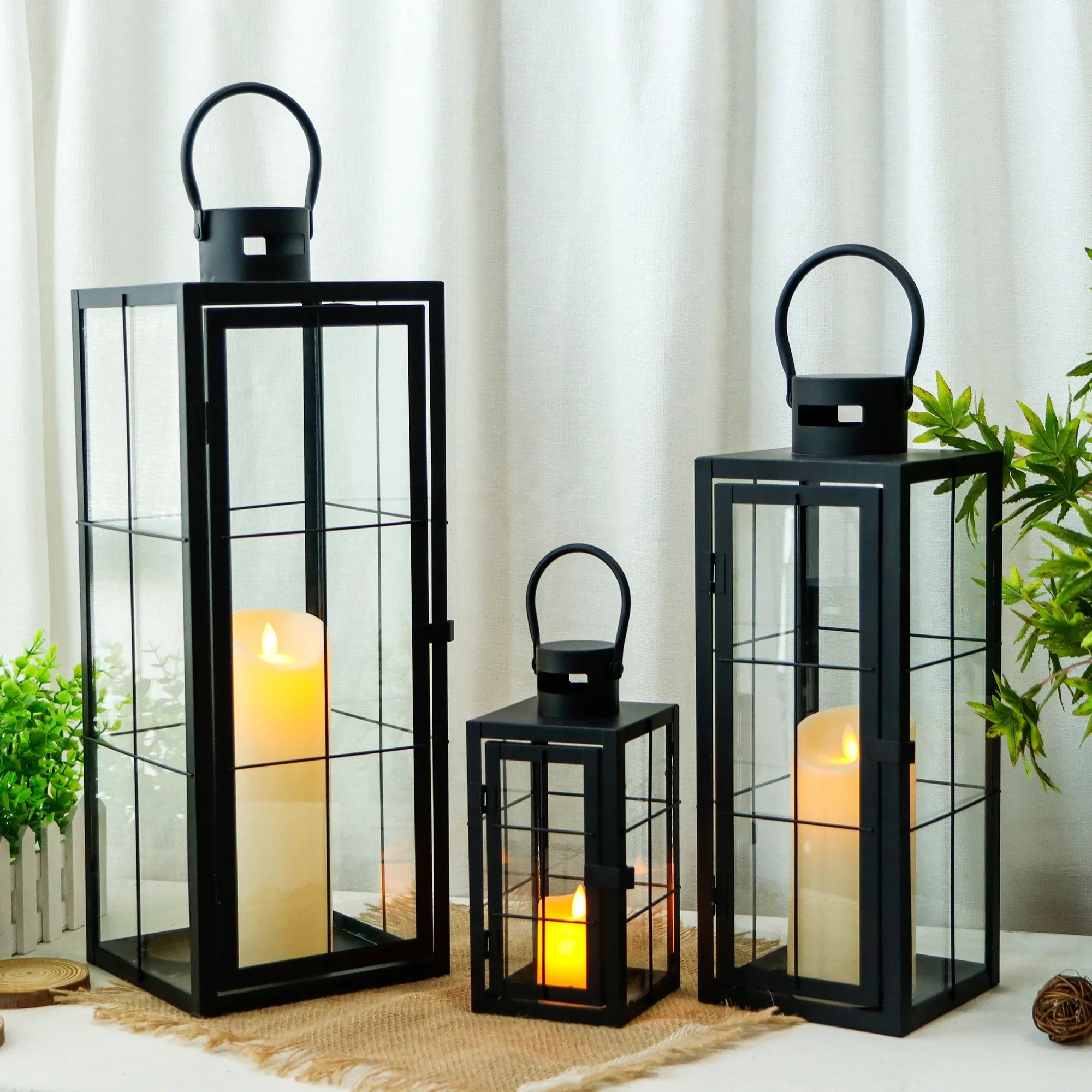 Set of 3 Black Metal & Tempered Glass Decorative Lanterns