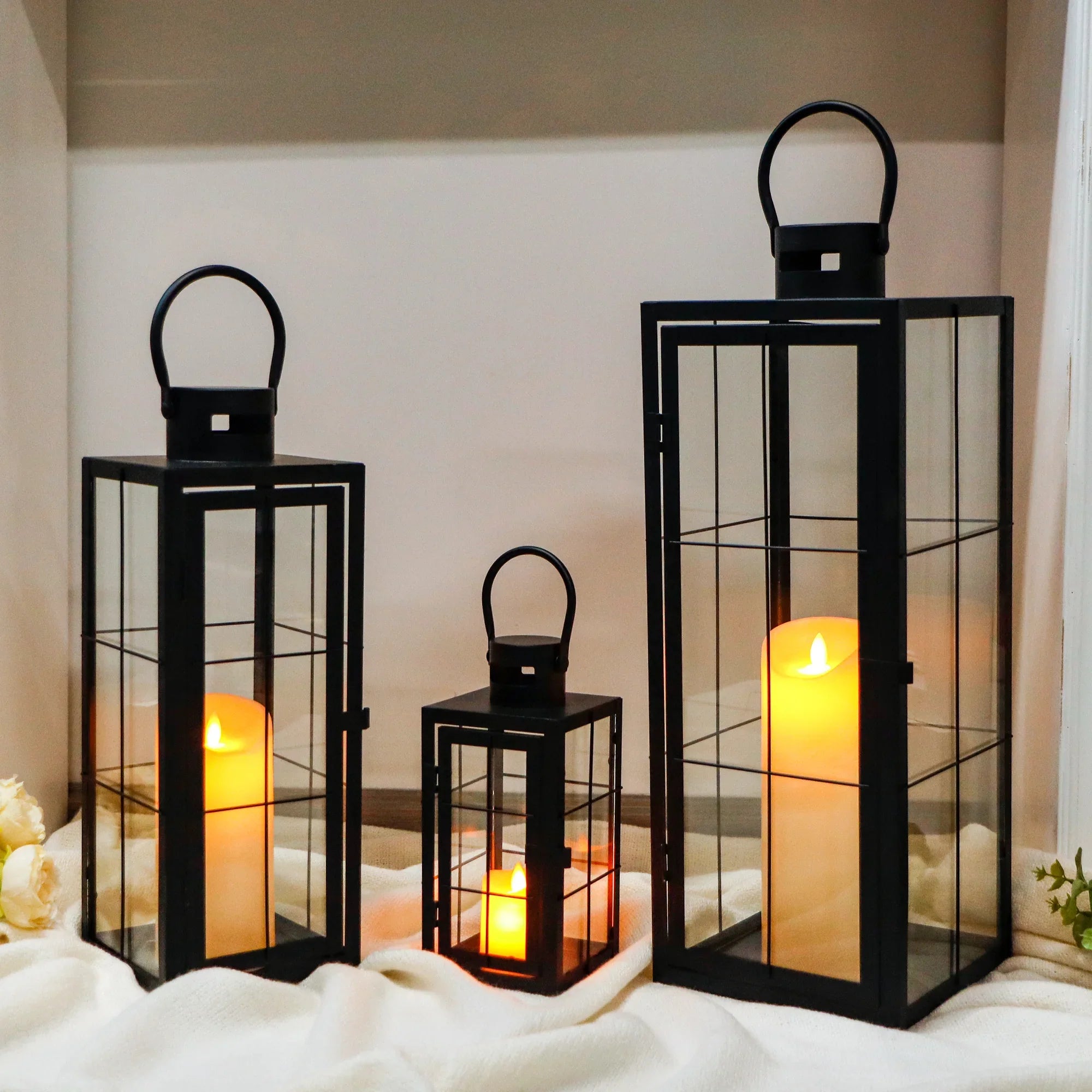 Set of 3 Black Metal & Tempered Glass Decorative Lanterns