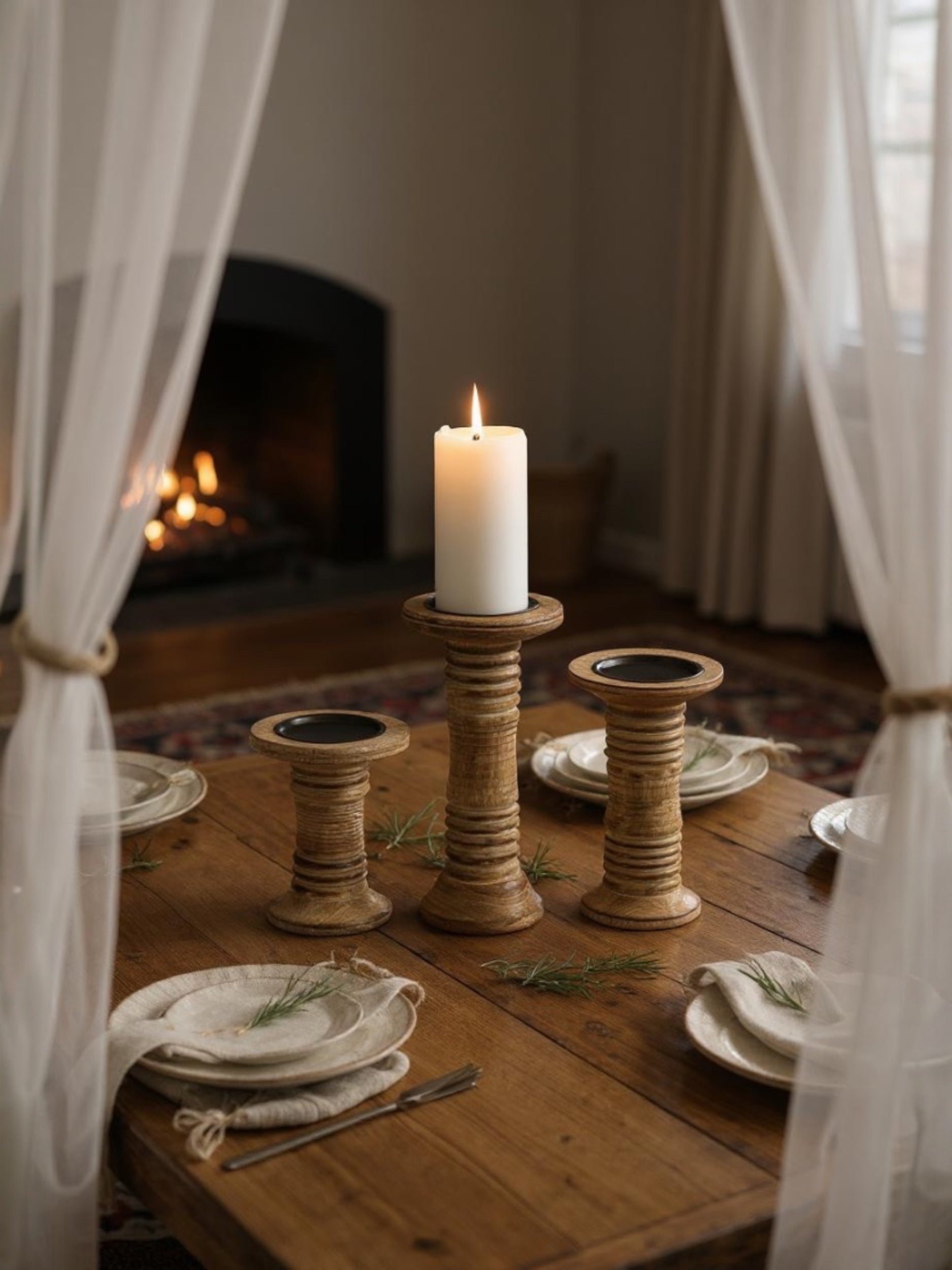 Ribbed wood pillar candle holder