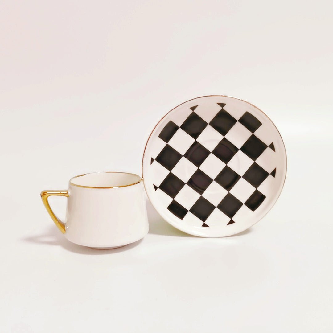 Checkered Porcelain Espresso Cups + Saucers — Set of 6