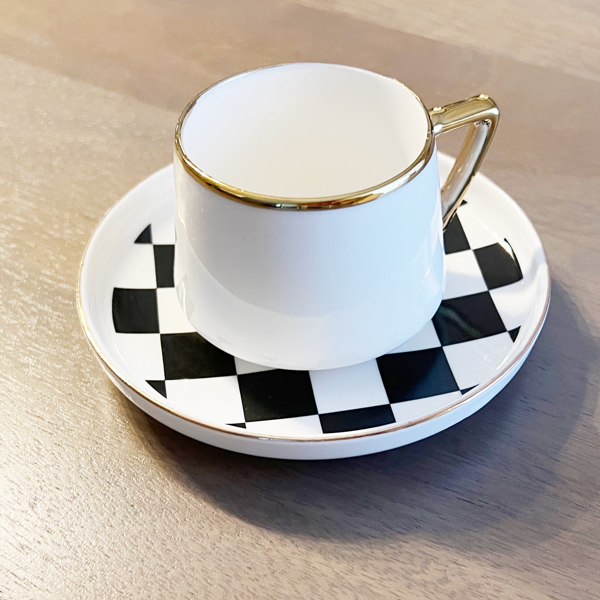 Checkered porcelain espresso cups and saucers set of six