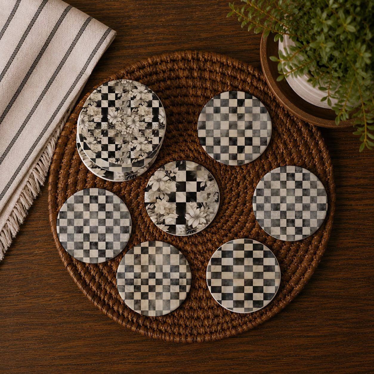 Courtly Check Ceramic Coasters — Set of 6