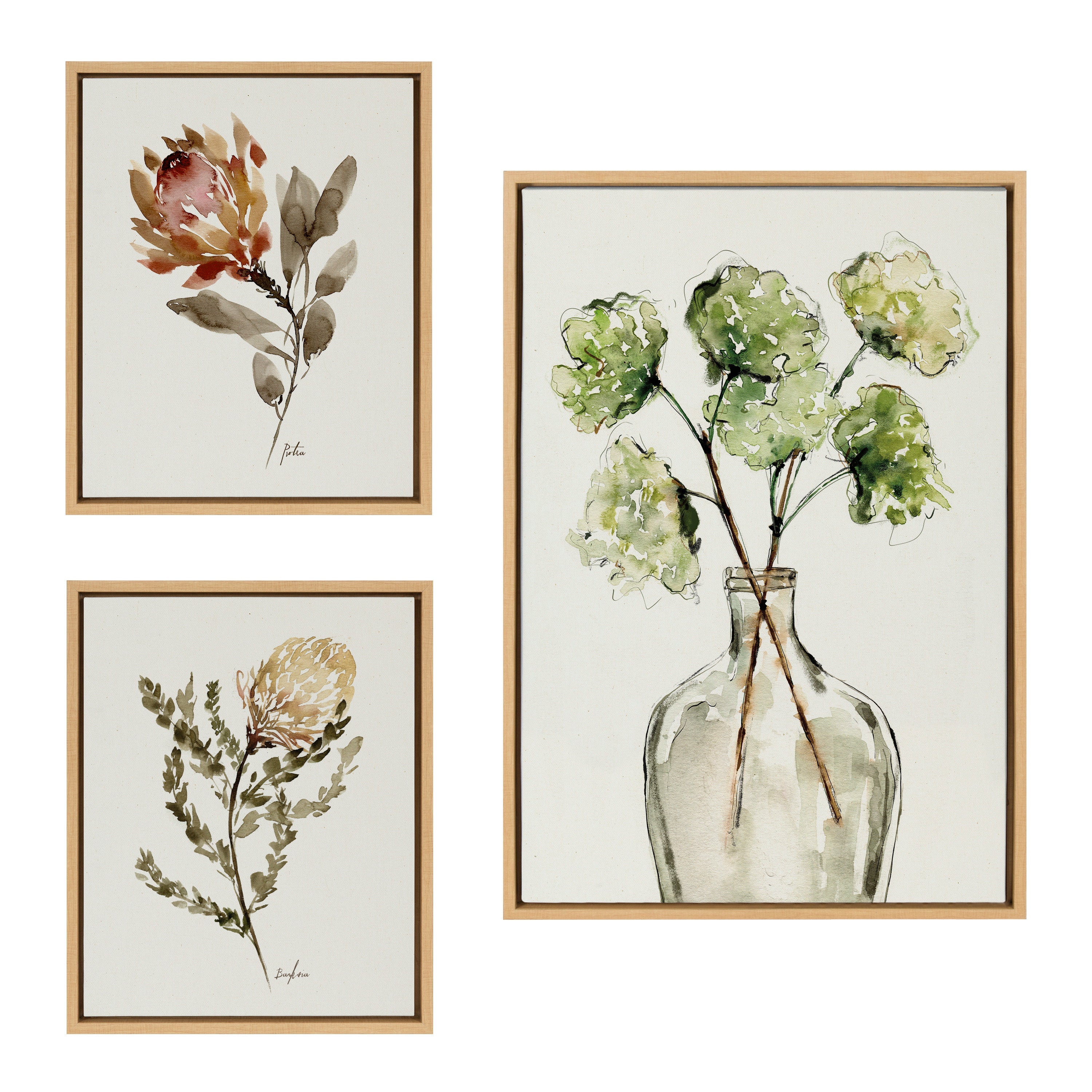 Sylvie Greenery Vase & Protea 3-Piece Framed Canvas Art Set
