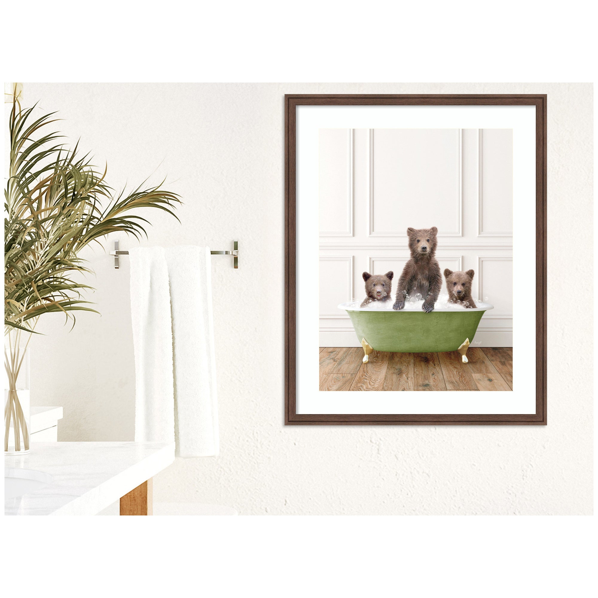 Three Bear Cubs in Bathtub Framed Wall Art Print