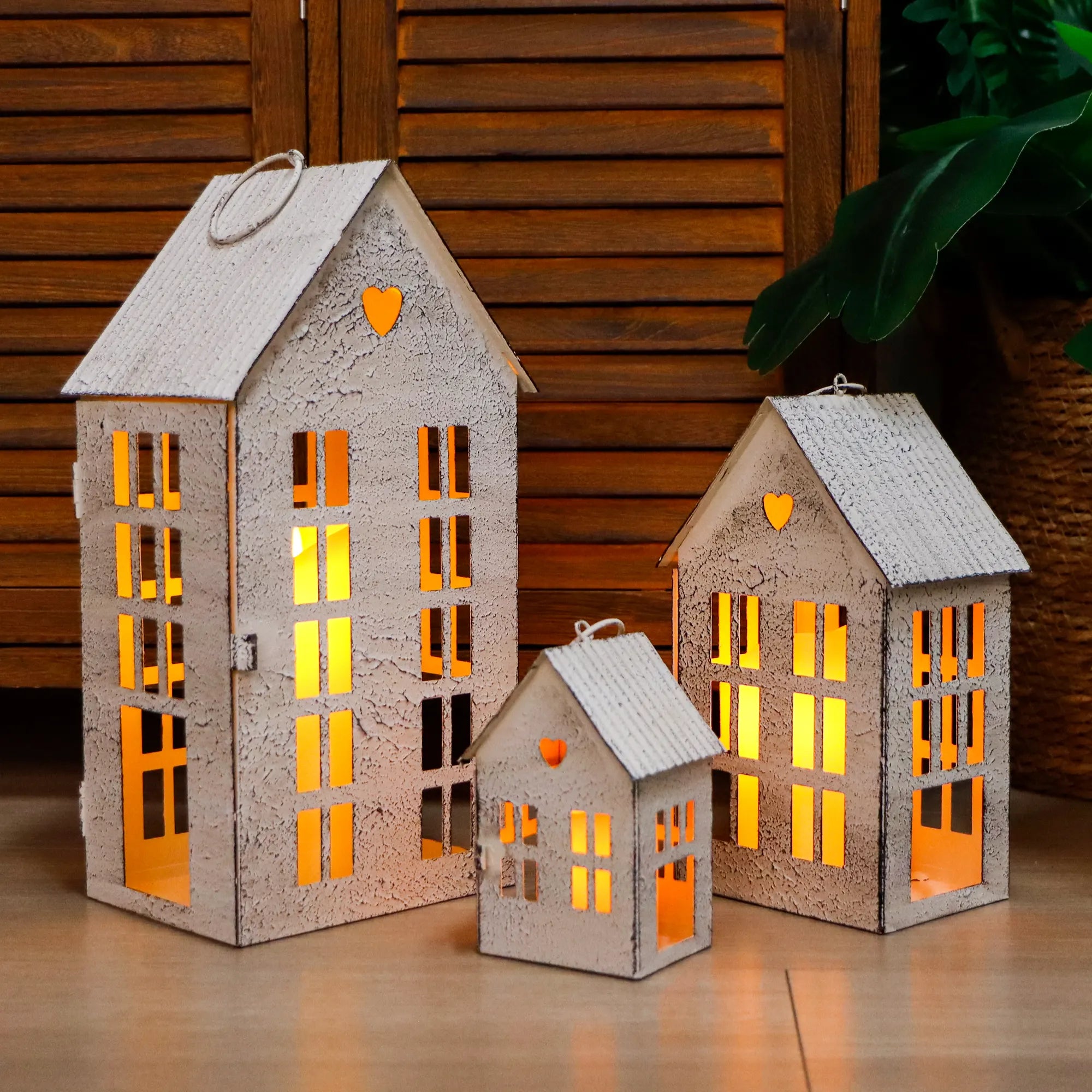 Village Farmhouse House Candle Holders — Set of 3