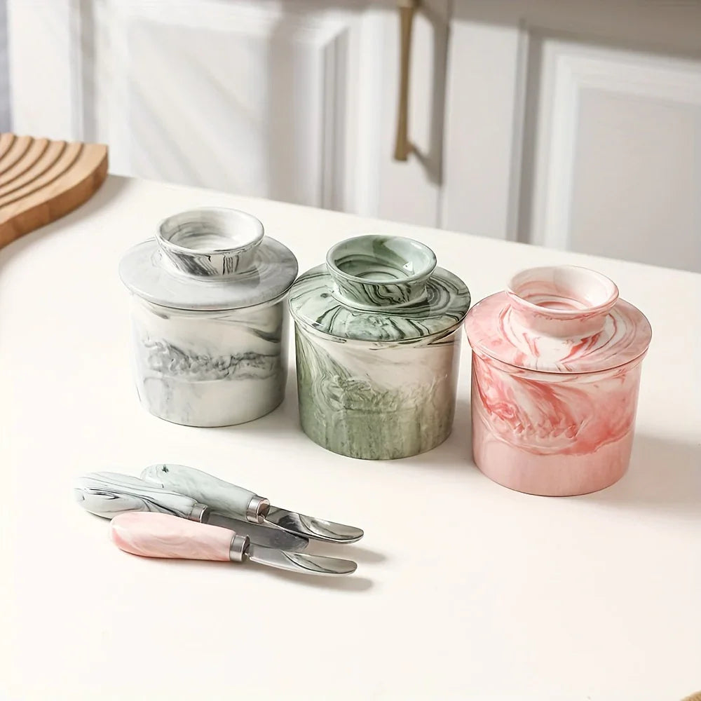 Marble-texture ceramic butter dish