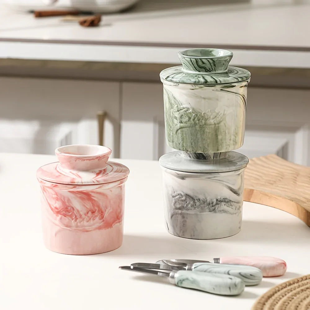 Marble-texture ceramic butter dish