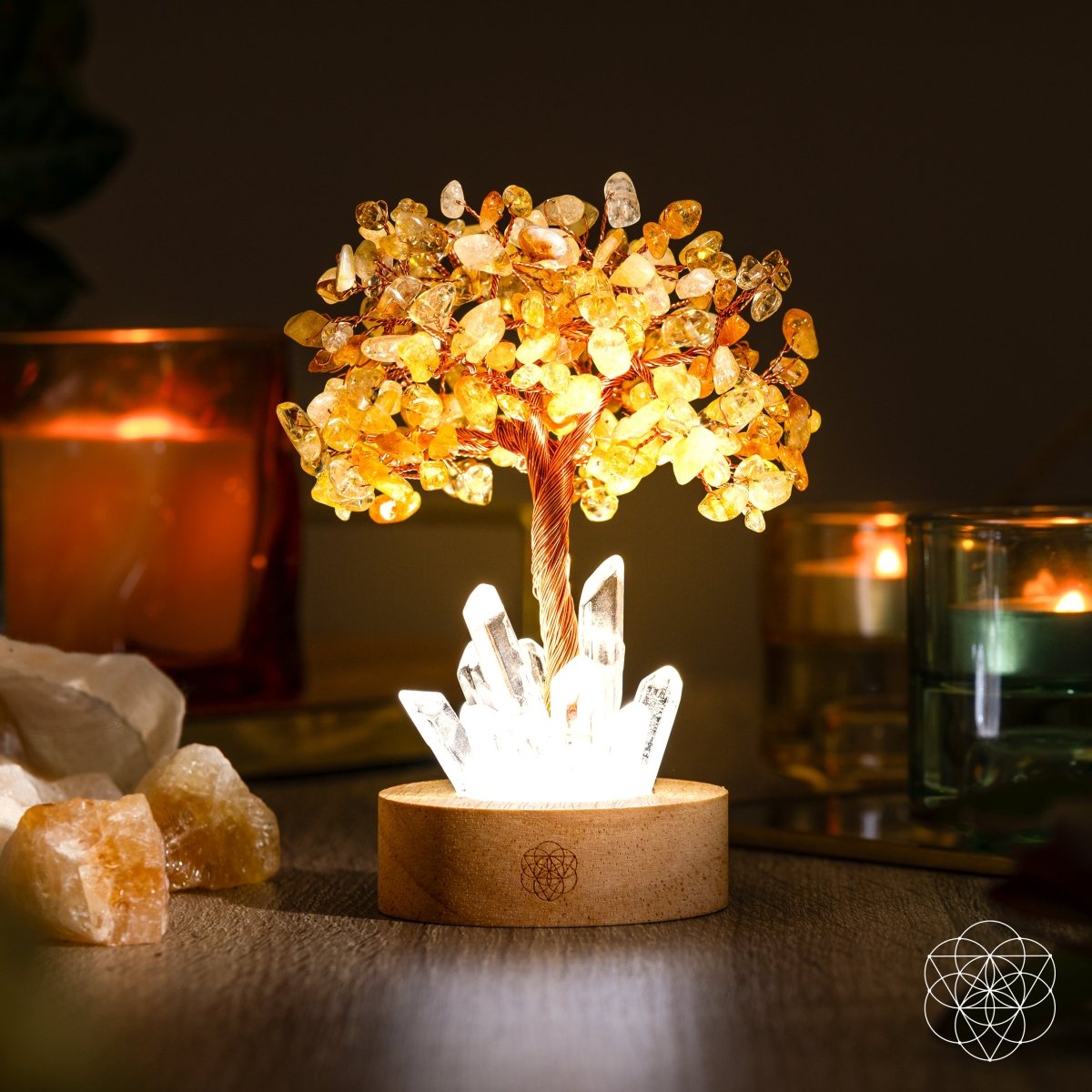 Citrine and clear quartz gemstone tree lamp by Conscious Items