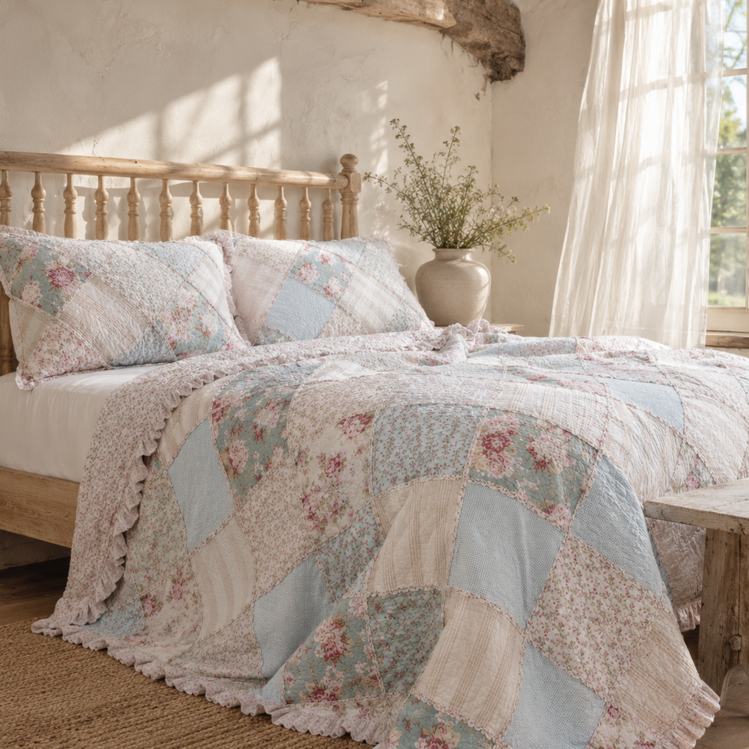 DaDa Bedding Hint of Mint Pastel Cotton Patchwork Quilt Set