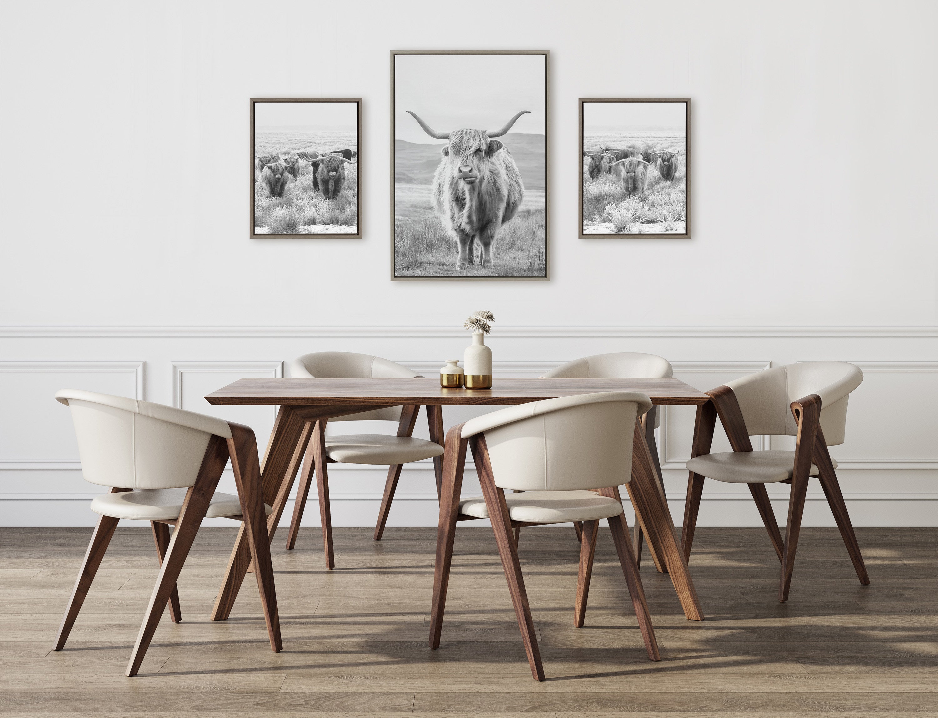 Sylvie Highland Cows Black & White 3-Piece Framed Canvas Art Set