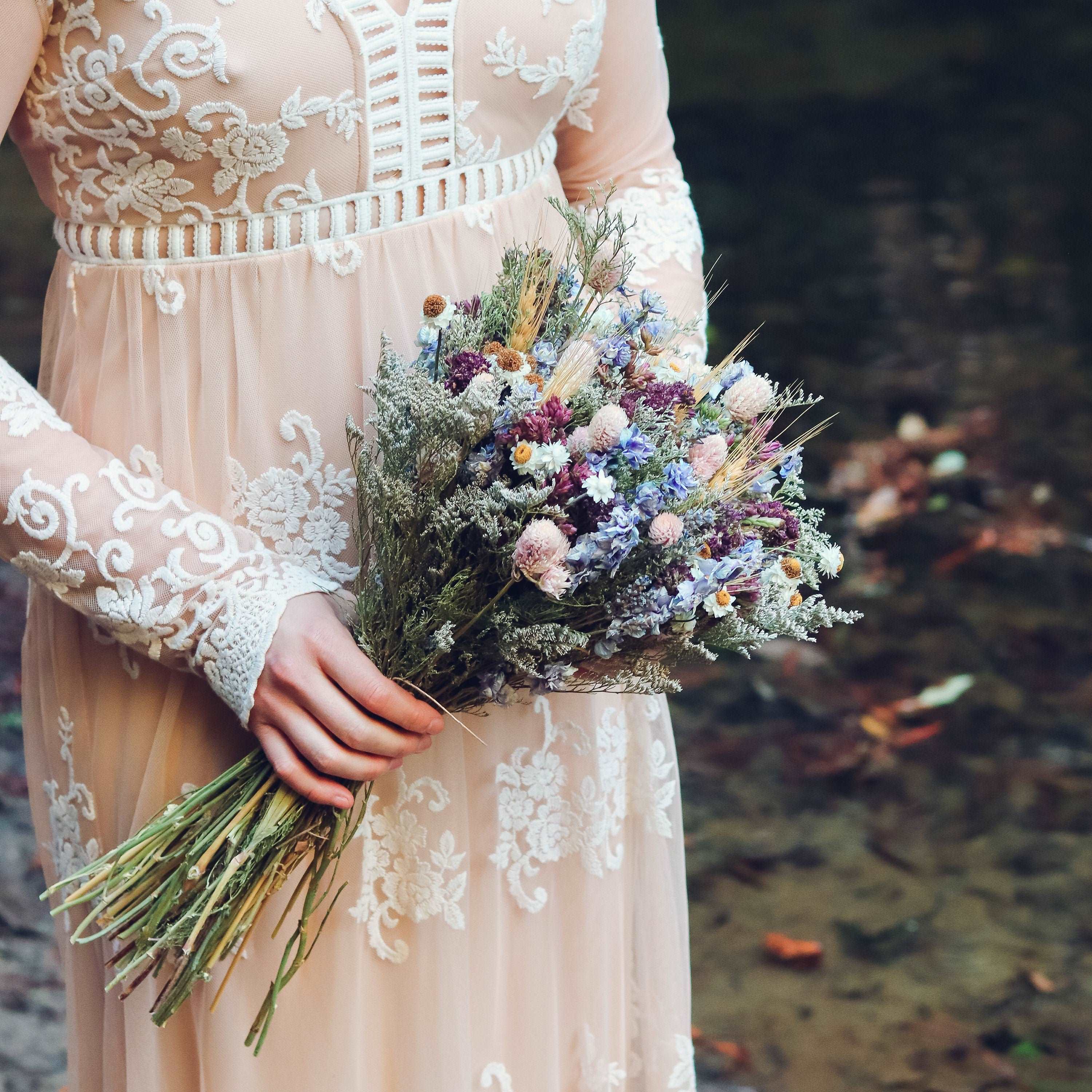 Dried Flower Bouquet with Blue Lavender, Pink Gomphrena, Daisies, Wheat & Oregano