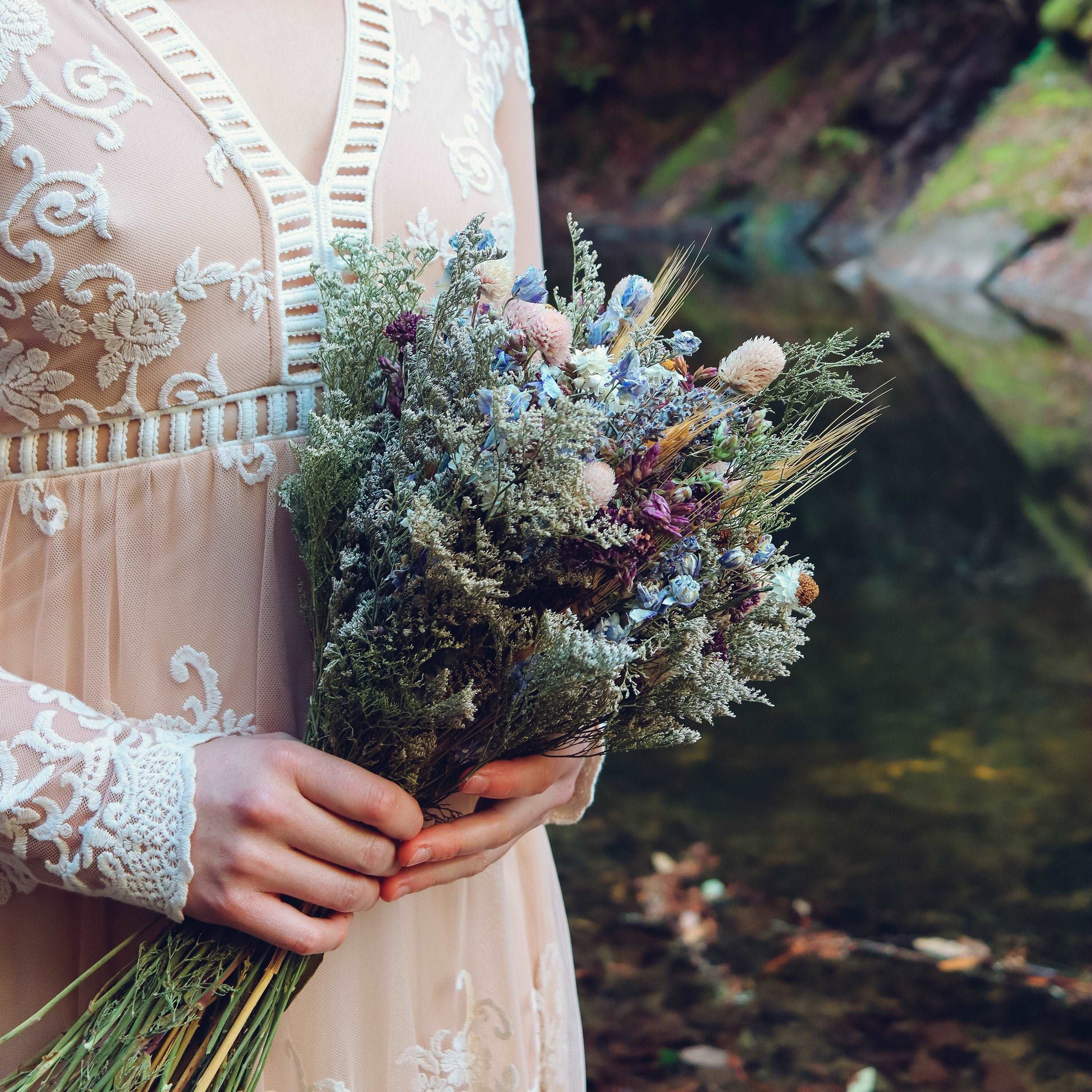 Dried Flower Bouquet with Blue Lavender, Pink Gomphrena, Daisies, Wheat & Oregano
