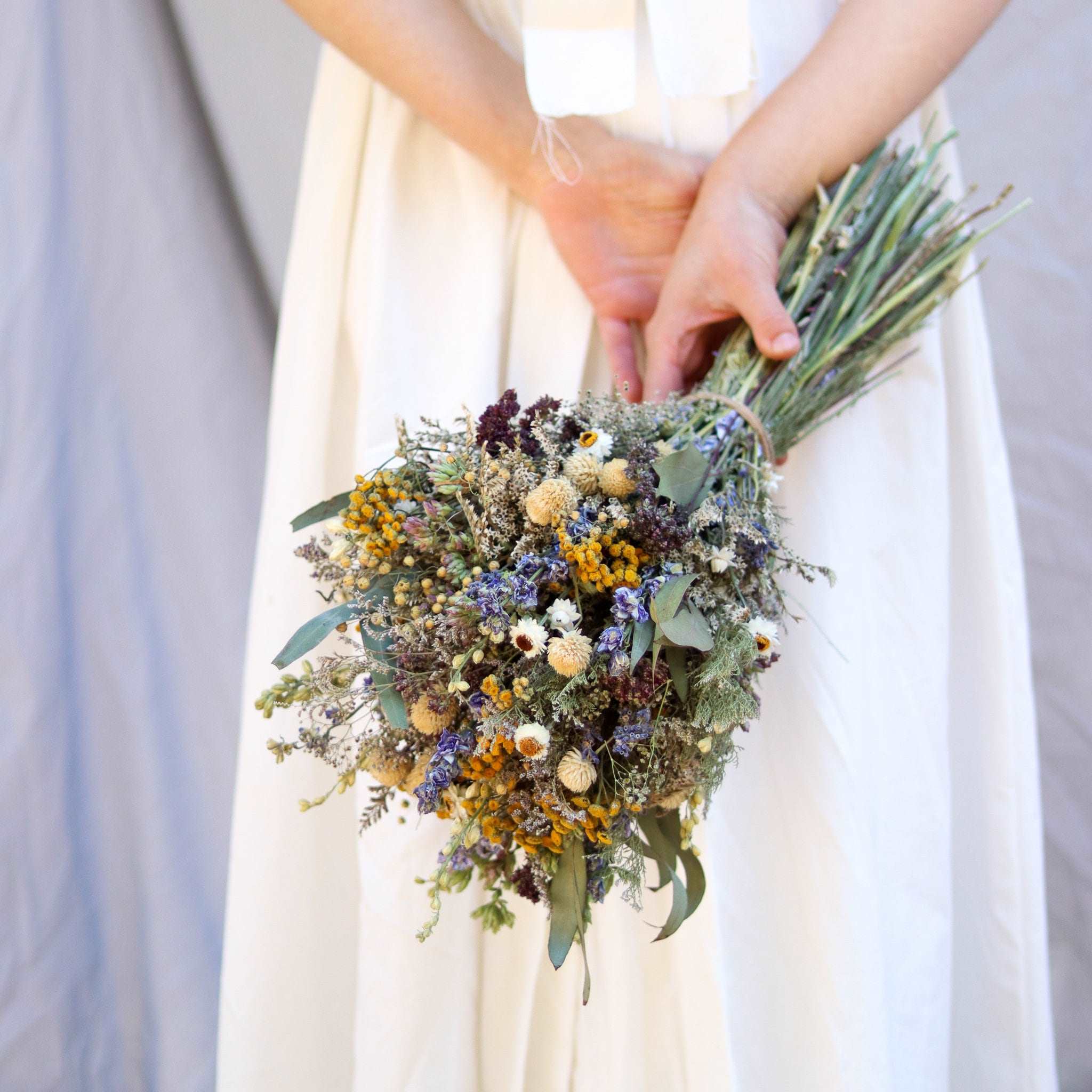 Dried Flower Bouquet – Blue Larkspur, Yarrow, Daisies & Eucalyptus – Rustic Farm-Grown California Wedding & Home Décor Arrangement