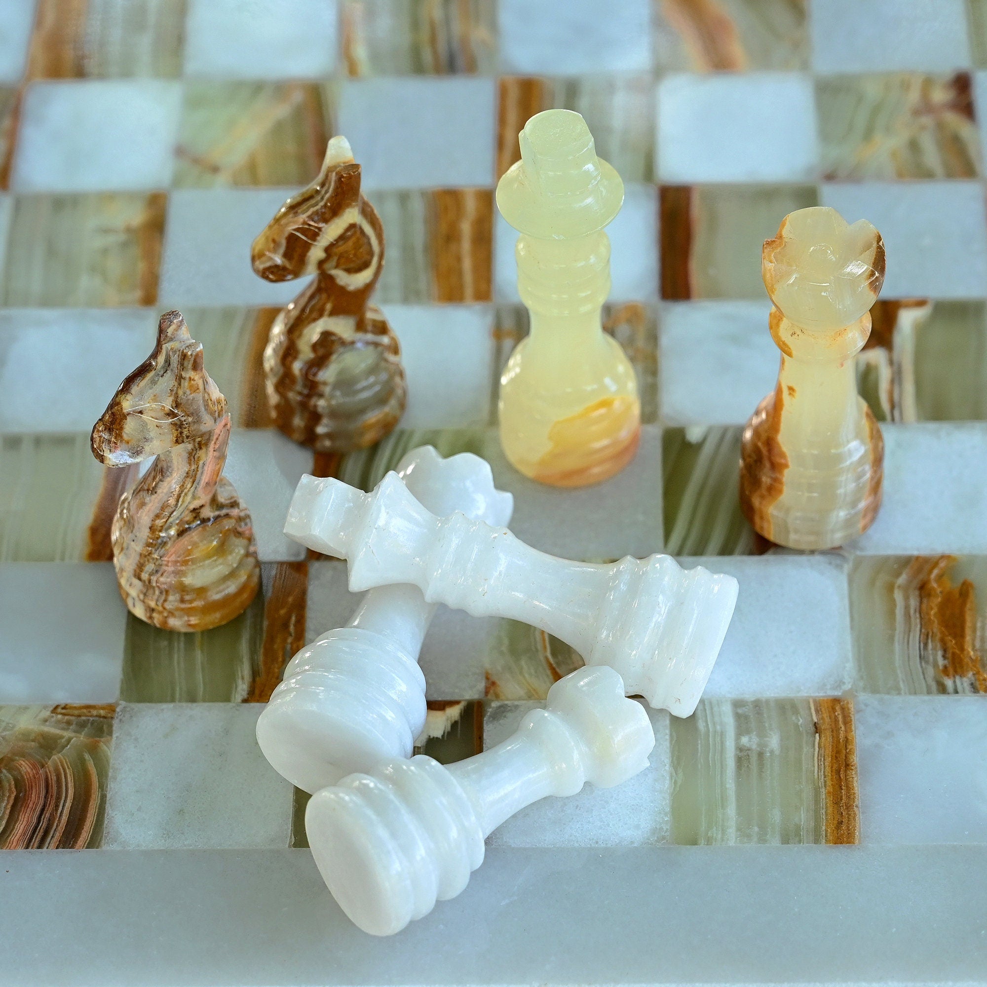 White and Green Onyx Marble Chess Set 12 Inches - Beautiful Handmade