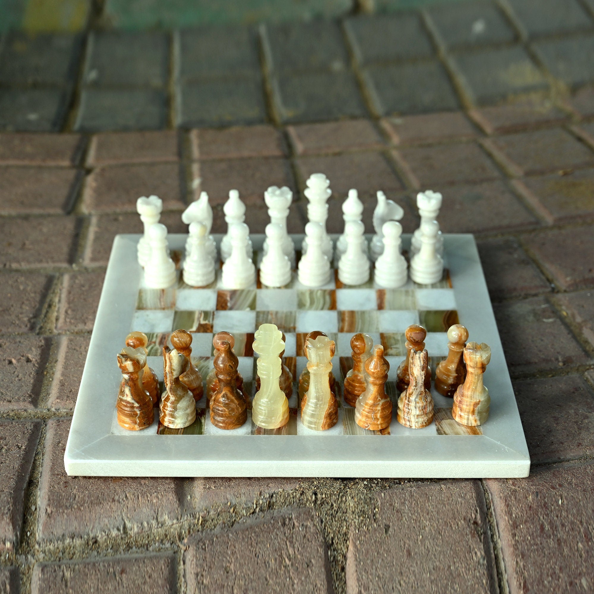 White and Green Onyx Marble Chess Set 12 Inches - Beautiful Handmade